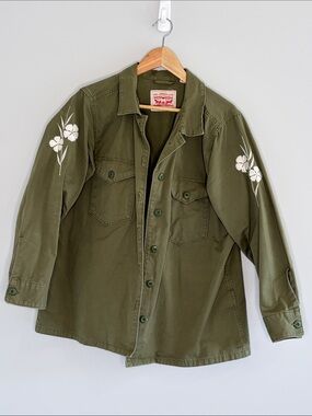 Levi's Olive Green Utility Jacket with Red Label Embroidered Flowers